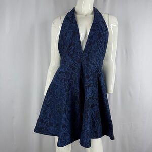 Windsor Navy Blue Lace Halter Mini Dress Deep V-Neck Open Back Skater Size Large